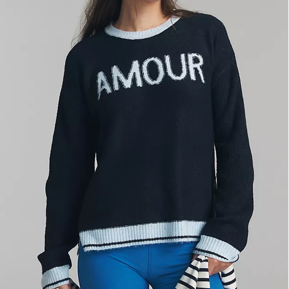 Anthropologie Sundry Amour Graphic Sweater Navy & Powder Blue XS NWT Brand New!